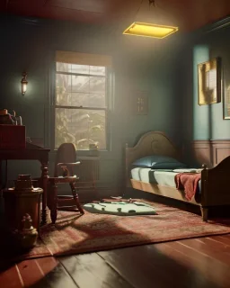 Room scene with alligator sleeping, Wes Anderson styler, concept art, smooth, unreal engine 5, god lights, ray tracing, RTX, lumen lighting, ultra detail, volumetric lighting, 3d.