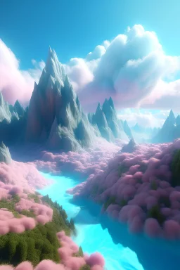 a psychedelic realm with rolling plains made out of clouds, mountains made out of icebergs, and plant life made out of cotton candy, in the style of wlop and namek, illustration, epic, fantasy, hyper detailed, smooth, unreal engine, sharp focus, ray tracing