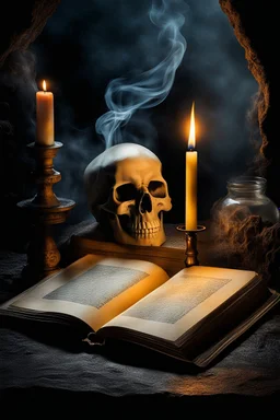 The scene captures a mystic and crepy atmosphere, with a lit candle providing glow near an old book. The candle's flame flickers over the book, creating an crepy surreal skull face from smok. This image is crepy stunnig, captures the mysterious and fleeting beauty of smoke, enhance the ethereal and otherworldly atmosphere. vertical light, cold, cave, detailed, sharp focus, cinematic, masterpiece