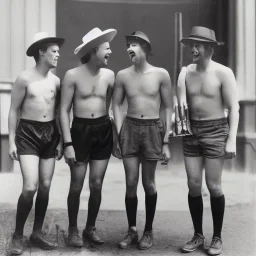 a group of four male friends with very small shorts on and large hats and holding trombones