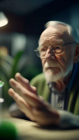 portrait of confused old man in glass nursery studying his own fingers, bokeh like f/0.8, tilt-shift lens 8k, high detail, smooth render, down-light, unreal engine, prize winning