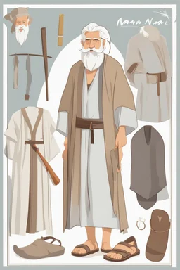 Noah, biblical character, long tunic, sandals on his feet, white beard and hair, hammer in his hand, model sheet, cartoon style, cute, 2d, minumalism, simple art.