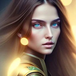 draw woman with Light-brown long hair, dark fantasy setting, ethereal, soft lighting, soft green eyes, medium cheeks, big forehead, wide chin, small nose, Portrait of mutant ,sexy, perfect composition, beautiful eyes