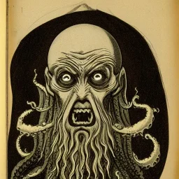 Cthulhu with white skin and a beard made of fleshy tentacles as a Russian Orthodox nosferatu vampire with yellow eyes