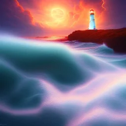 Fantasy, light house, lighting, surreal, waves crashing below, 8k, sunset, sketch