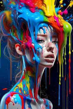 3D digital painting, surreal paint pour hair, Paint dripping on her face by addie digi, 8k, little kids indonesia, liquid mercury, ralph steadman, pino daeni, very cute, abstract, steampunk, sensual, whimsical, colorful, opp art for a fashion magazine, 4k, background twisted paint in a stunning way, hypnotic feeling, trending on artstation, sleek porcelain head, pristine skin, line sleek, make up, style igor morski" extremely detailed 8k 4k hyperrealistic 4K 3D crisp quality