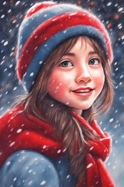 Masterpiece, best quality, oil pastel painting style, drawing of a cute girl with a red hat and scarf, snow falling in the background, shining night