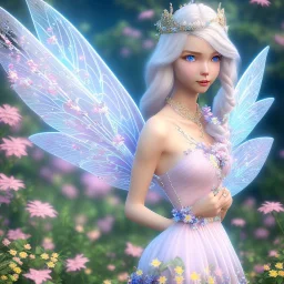 cute fantasy fairy with transparent wings, smiling, blue eyes, long platinum blond hair with crown and flowers, pink dress, unreal engine