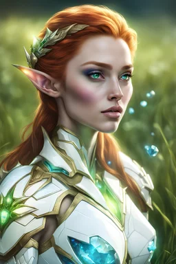 female elf, high cheekbones, white high tech armor, armored jaw, armored throat, glowing blue crystal in the center of the armor, laying on the back at grassfield, single character, red hair, green eyes, and green skin photorealistic
