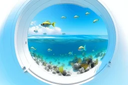 white,background,looking,through,a 3-d, broken,window,with,sharp,edgeshole,watching,tropical,fish,swimming,in,the,ocean