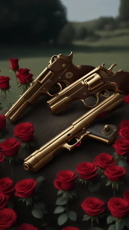 two golden guns above a grave in a field full of red roses.cinematic.realistic