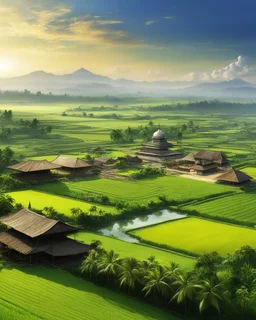 Beautiful Digital Painting art Landscape Indonesia village and islamic Mosque,surrounded rice paddy fields