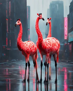 three giraffe-headed flamingos with giraffe neck and head and giraffe pattern, standing in a gloomy cyberpunk downtown kerbside in overdrive, acrylic and oil, minimalist, cinematic, dramatic, (glitch deconstruction:1.7), centered,, amazing verticals, excellent parallels