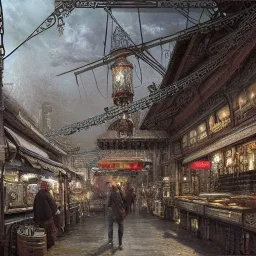 Insanely detailed photograph of an “artitcture plans of a city market at a train station ” with intricate gears, intricate embroidered band, hyperdetailed painting by Ismail Inceoglu Huang Guangjian and Dan Witz CGSociety ZBrush Central fantasy art album cover art,8K, hdr, romantic, mysterious, ominous, flowers, jewelry, steam,oil,cafe,street vendors