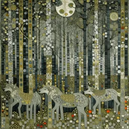 A gray woods with singing wolves designed in ancient Greek mosaics painted by Gustav Klimt