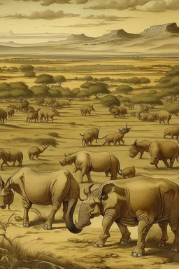 A light brown savanna filled with rhinos painted by Albrecht Durer