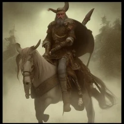 an old wise viking on a horse, scary, steam punk, realistic, made in octane, cinematic, ultra-realistic, extremely detailed octane rendering, 8K, VRAY Super Real ar 2:3, dof photorealistic futuristic 50mm lens hard lighting dark gray tintype photograph, realistic lighting, sepia color