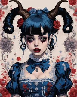 Poster in two gradually, a one side wears a smart shirt which is embroidered with bluered flowers and ornaments, has dark eyes and horns,malevolent goth vampire girl face and other side the Singer Melanie Martinez face, full body, painting by Yoji Shinkawa, darkblue and sepia tones,