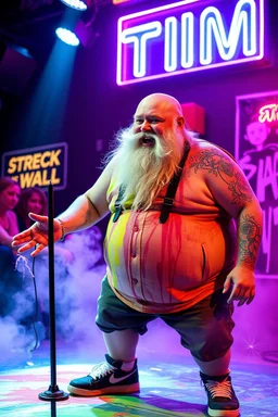 An "Mischief man" performing at dance club, his name is "TIM" fat, bald with beard and looks crazy, Paint on stage, Neon lights and smog, "STRECK ON THE WALLS" SIGN ON WALL