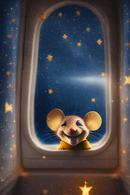 smiley mouse with background star field seen in the window of a boat, 4 k, trending art, depth of field, high detail, high contrast