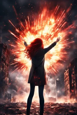 Photorealistic young long red-haired woman standing, with arms raised, looking at an exploding building at night, with red auras around her