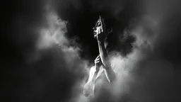 surreal vibe, grayscale, black and white, a caracter dissolving into shadows and fog, body torn into shards of light and darkness. A haunting, dreamlike composition that captures isolation, inner demons, struggle of anxiety. surreal, fog, shadows, atmospheric
