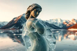 in a frozen sea with pretty mountains a full lady statue in artist pose looking at camera, of clear glass like ice that going to melt and water drops fall from all body.