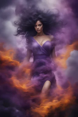 abstract creation of a beautiful girl with black curly hair, surrounded by stormy clouds, wrapped in thick purple smoke, breathtaking beautiful, lightnin, bright colours,chaos,