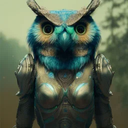 Anthropomorphic blue owl, big green eyes, lots of details, portrait, finely detailed armor, cinematic lighting, intricate filigree metal design, 8k, unreal engine, octane render, realistic, redshift render