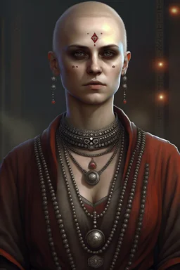 full length, gangly, 22-year old, shaved head, nordic looking grey-eyed female human cleric with a red beaded necklace