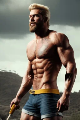 Ignore NSFW, teenager young rugged attractive slightly muscular fantasticly handsome blonde man, red briefs with yellow belt, hairy chest, (((visibly pisssing))) briefs, large erect visible boner peniss, photorealistic, artist Jay Anacleto, soft lighting, scruffy beard