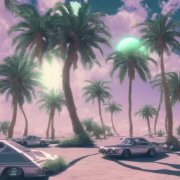 1980's aesthetic vaporwave wavy palm trees with spheres and ufo