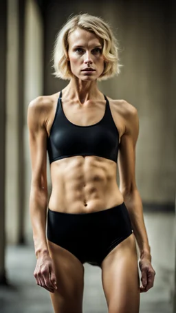 beautiful anorexic woman, total shot, short shiny black triathlon swimsuit, short blond wavy bob hair, blurred concrete background