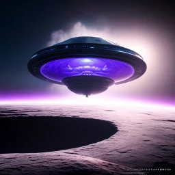 Alien jumpship over a crater, purple sky