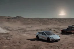 A Tesla 'Model Y' is racing at top speed, at the lunar landing site of the 'Apollo 11'. (CINEMATIC, WIDE ANGLE LENS, PHOTO REAL)