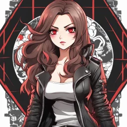 a full-body shot of a woman with long brown hair, red eyes, with a confident, 'bad girl' vibe, striking a pose, wearing black and red leather, ((Chibi anime style)), intricately detailed, detailed splash art background