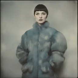Actress Louise Brooks, blue, autochrome, plastic puffy jacket