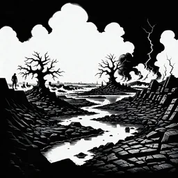 An epic, grim death metal scene in harsh black and white ink. A desolate, post-apocalyptic landscape ravaged by fire and chaos. The sky is torn open with jagged lightning, ash raining down on a wasteland of twisted metal ruins and crumbling buildings. Dead trees and skeletal structures dot the barren terrain, with rivers of molten lava and cracked earth splitting the ground. In the distance, giant, looming figures—silhouettes of reapers or demonic titans—tower over the horizon.