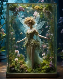 The miniatur beautiful fairy girl in glass box is an abstract concept that refers to a world made entirely of flowers or plants, often in a fantasy or mythical setting. The flower planet in this image appears to be a baroque world, with ornate spiral patterns and intricate designs.