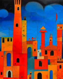 Orange colored towers in a Greek town in a lightning storm designed in Medieval tapestry painted by Joan Miro
