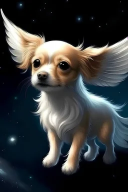 Draw a very realistic small dog with wings flying in space.