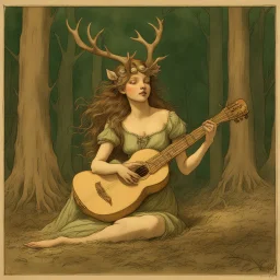 nature ledger book page with an illustration of a Sylvian nymph with dramatic antlers playing a lute in a wooded glade, botanical sketching, perched bird sketching, By Jean Baptiste Monge, artistic fine color pencil illustration on vintage paper, dark green and brown colors, vibrant yet with a faded quality capturing a vintage style with soft sepia tones and subtle vignetting, paper edges slightly worn as if discovered from an antiquated library