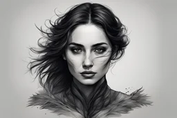 A high-definition, ultra-realistic, high-quality, 8K Ultra HD, 8k ultra, hd, render of a woman in a Raven-inspired ink drawing, focusing on her face and shoulders. It should display expressions of calm and mystery - a gentle gaze and a slight, enigmatic smile. Her hair is black, smooth and long, Her outfit includes a dark cloak with a hood,