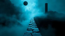 passage over nothingness, surreal, dark and cold abstract artwork dominated by deep blue, icy cyan, charcoal black and muted steel-grey tones. An narrow passageway emerges from an abstract distorted weird landscape, surrounded by thick fog and drifting mist. The space feels nightmare, alien and unsettling, with tiny floating circles and lines geometric forms, black onix column fragmented and unnatural perspectives. At the center of the composition cracked stone way over abyss