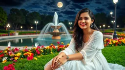 Hyper Realistic Photographic Close View Of Pakistani Pashto Young Woman [Age 24] Happily Sitting On A Beautiful Green Grass Wearing A Beautiful White Dress Inside (Delicate Necklace And A Diamond Ring) A Colorful Flower Garden Near A Water Pond With Water Fountain Between The Pond With Artist Street Lamps Surrounding The Pond At Dark Cloudy Full Moon Night Showing Dramatic And Cinematic Ambiance.