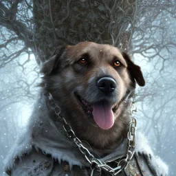 close up of sad, abandoned, miserable dog chained to a tree, Grim Reaper standing nearby, winter, house, 8k resolution, high-quality, fine-detail, intricate, digital art, detailed matte, volumetric lighting, illustration, 3D octane render, brian froud, howard lyon, selina french, anna dittmann, annie stokes, lisa parker, greg rutowski