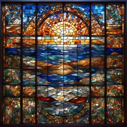 mesmerizing four panel stained glass window depicting times of the day: daytime - twilight - midnight - sunrise; mosaic with defined tile edges, ultra hd, realistic, vivid colors, best quality, fragile, dynamic, transparency, photorealistic