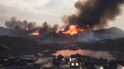 war location with burning planes at the airport, background full of smoke and explosions, night lighting with white lightning flashes, dramatic moments, 4K photorealism