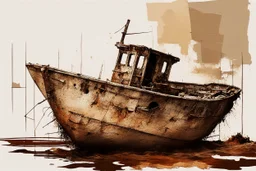 small fishing boat shipwreck on shore, wet ink paint, splash art, tint leak, absurd geometry, (weird:1.95), surreal, (crazy:2), (deconstruct:1.89), great verticals, great perpendiculars, bold warm rusty brown and drab and beige colors