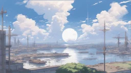 giant half transparent moon, glitchy, blurry, mechanical, sci-fi, maximum quality, centered on frame, far view, seasidel, white sky with cumulonimbus, anime, makoto shinkai style, japanese harbor